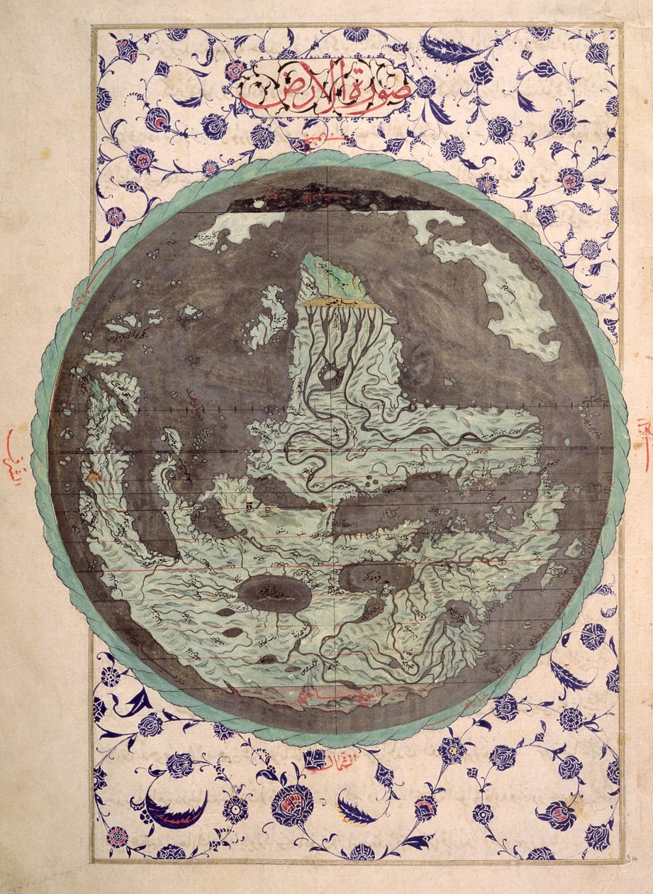 CBL T.414 fol.34a خريطة للعالم ، من نسخة من زبدة الطوارق ، من كريم التاريخ ، أواخر القرن السادس عشر بواسطة المدرسة العثمانية