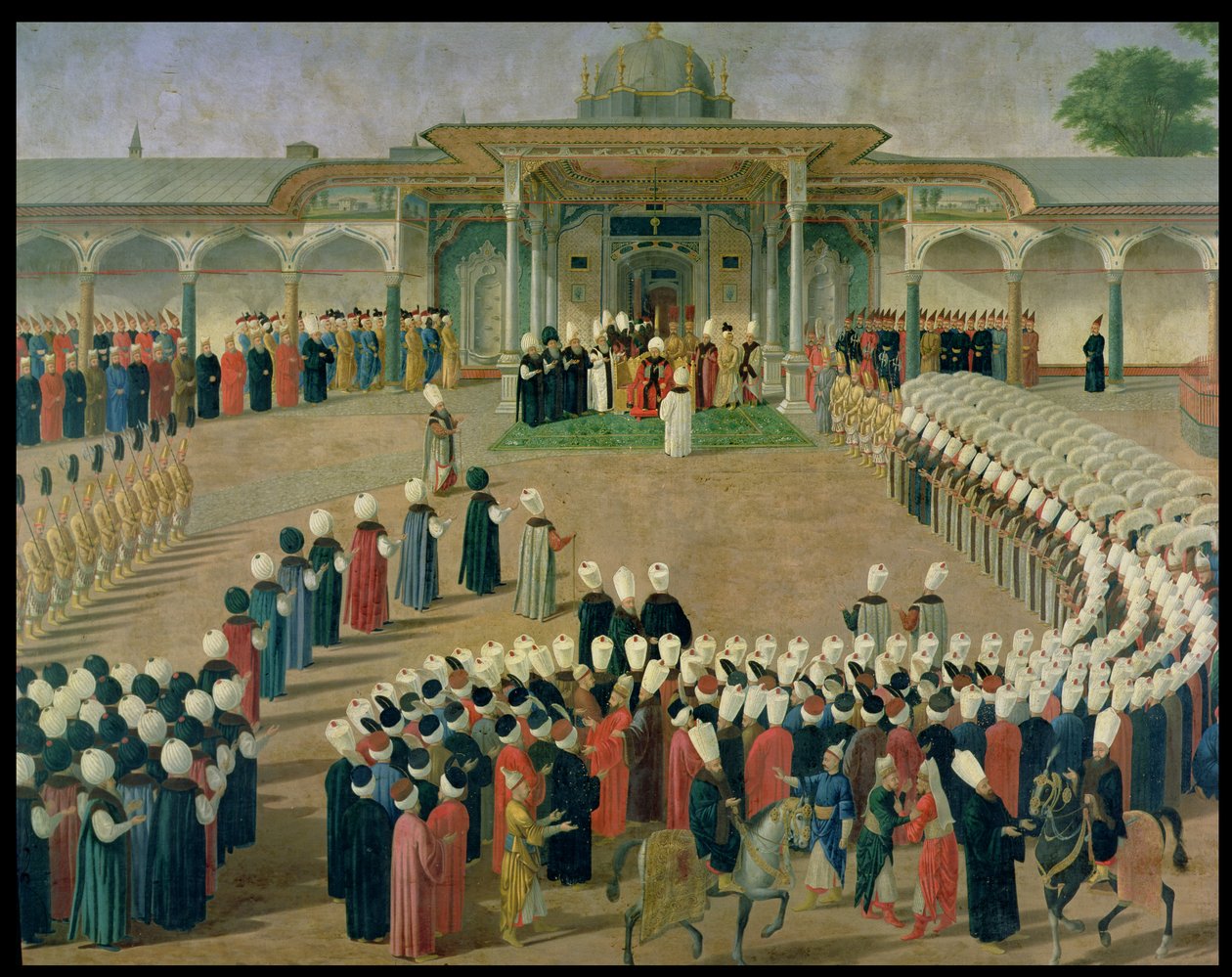 استقبال في ديوان السلطان سليم الثالث (1761-1807) في قصر توبكابي ، أواخر القرن الثامن عشر بواسطة المدرسة العثمانية