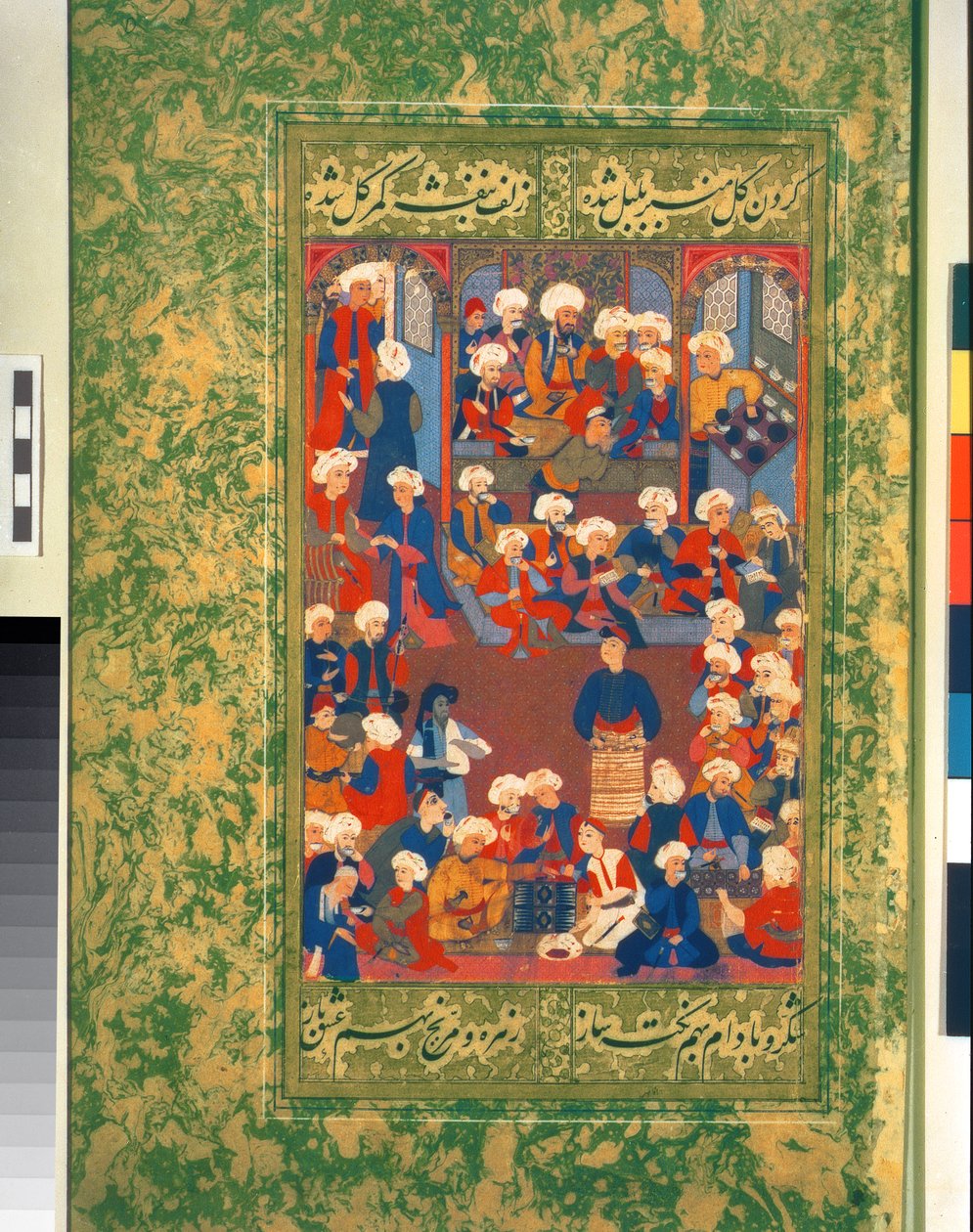السيدة 439 f.9r مشهد للولائم مع رجال يشربون القهوة ، ضيوف الشرف يجلسون في عطلة ، يستمتع بها ثلاثة موسيقيين ، بينما يصاب رجل عجوز بمرض ، من ألبوم للرسم والخط (فيل) بواسطة المدرسة العثمانية