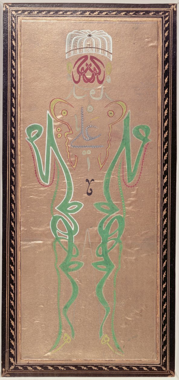الخط العربي باسم محمد ، صهره علي وعلي ، ابنا حسن وحسين (حبر ملون على ورق) بواسطة المدرسة العثمانية