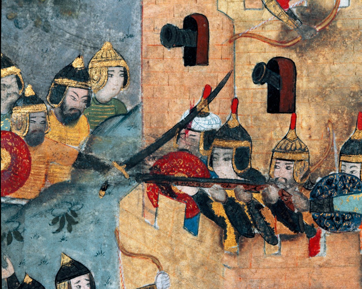 مشهد معركة بين الجيش العثماني لمراد الثالث (1546-1595) (على اليسار) والمدافعين عن الجير التفصيلي القوي. كوديكس مصغر R-1296. مكتبة متحف توبكابي سراي من القرن السادس عشر ، اسطنبول بواسطة المدرسة العثمانية
