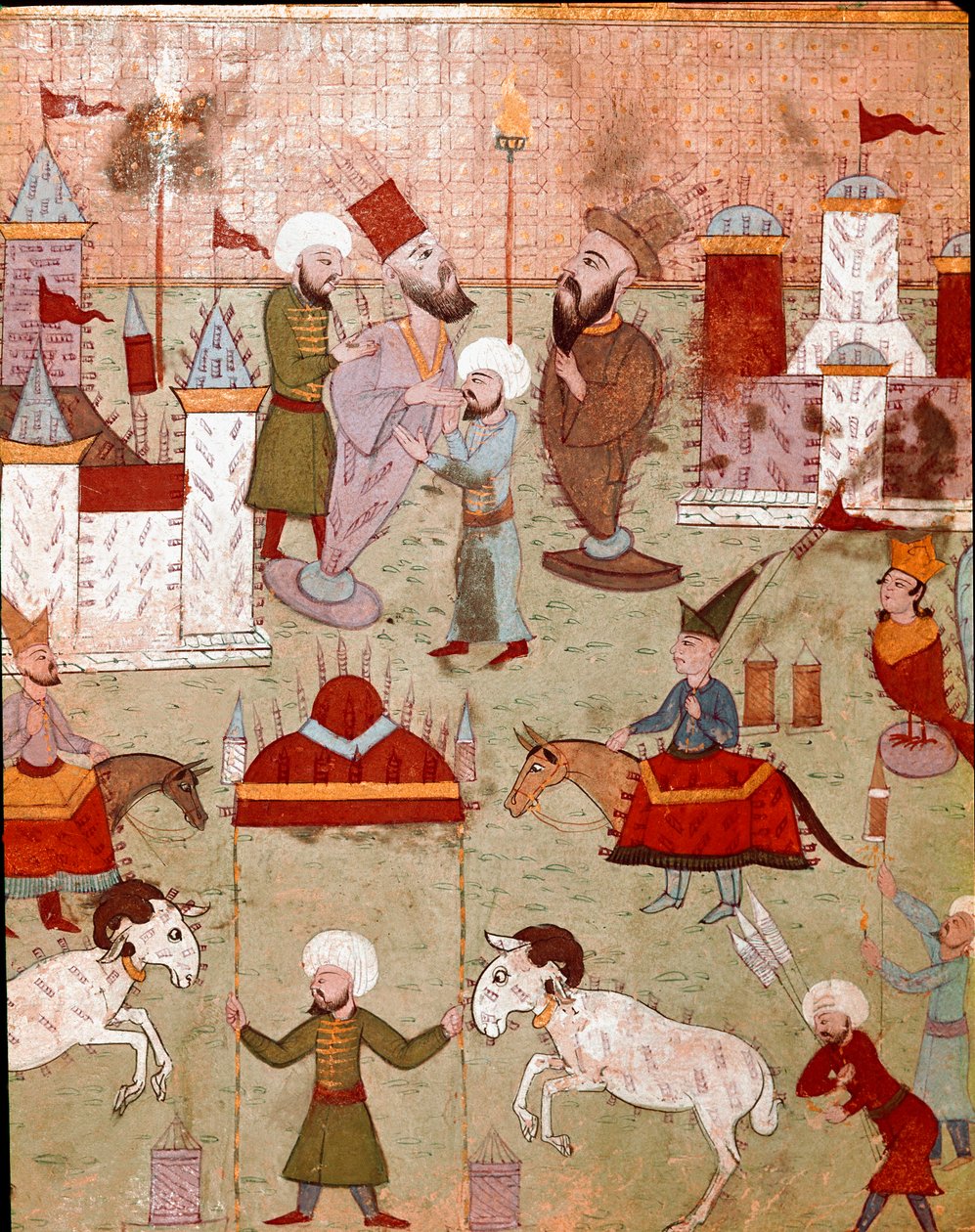 Festivities organized on the occasion of the circumcision of the son of the Ottoman Sultan Murad II (Murat) (1404-1451), preparation of fireworks Miniature of the 16th century Istanbul, Topkapi Sarayi Museum Library بواسطة المدرسة العثمانية