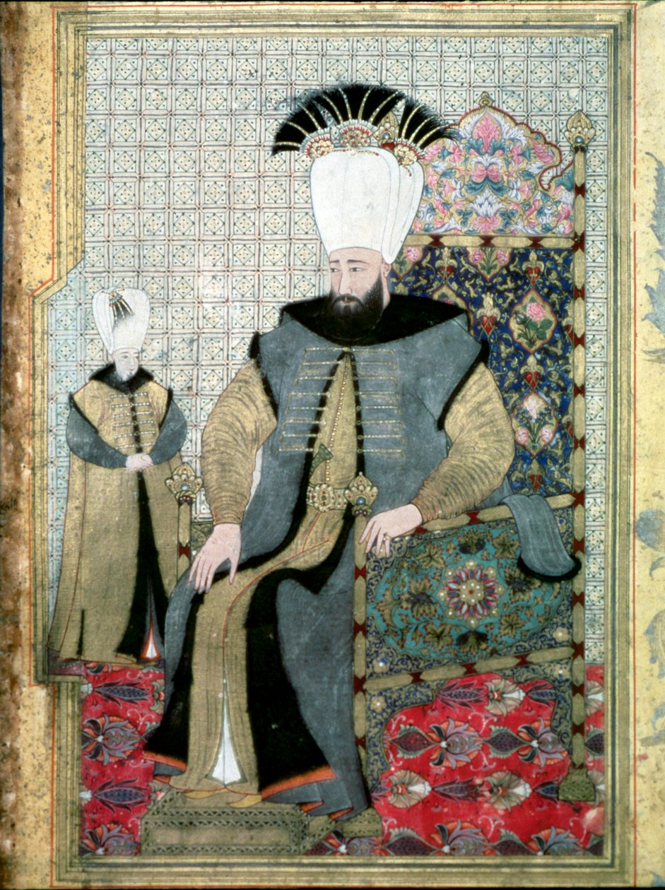الإمبراطورية العثمانية: صورة السلطان أحمد (أو أحمد) الثالث (1673-1736) "" يشير الممثل بإصبعه قد يكون للإشارة إلى الأمر بذبح أمر الإنكشاريين. مصغرة اسطنبول ، متحف توبكابي سراي ، تركيا بواسطة المدرسة العثمانية