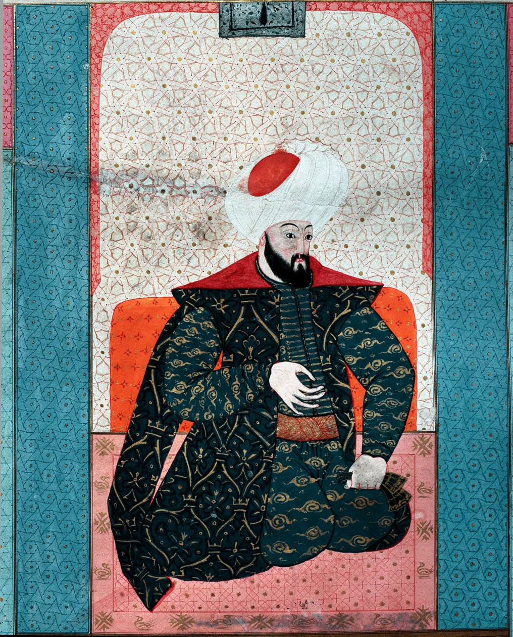 الإمبراطورية العثمانية: "" صورة السلطان عثمان الأول (عثمان غازي رحيماهو لاله) (1258-1326) "" صورة مصغرة من "زبدة الطوارخ" (السيدة 1973 ، صفحة 59 أ) لسيد لقمان أشوري 1583 اسطنبول ، تركي إسلامي متحف الفن بواسطة المدرسة العثمانية