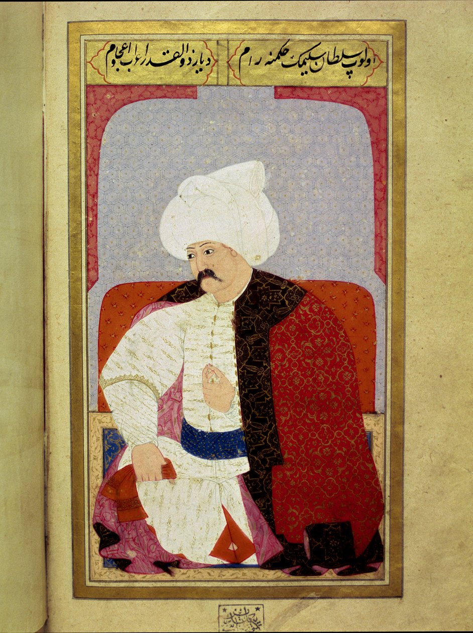 Ottoman Empire: “” Portrait of the Ninth Ottoman Sultan Selim I Says the Terrible or the Cruel (1470-1520)”” Miniature from the manuscript “” Human physiognomy (About the Personal Arrangements of Ottomans) by Seyyid Lokman Hussein. (Ms. ty6087 folio 44b) بواسطة المدرسة العثمانية
