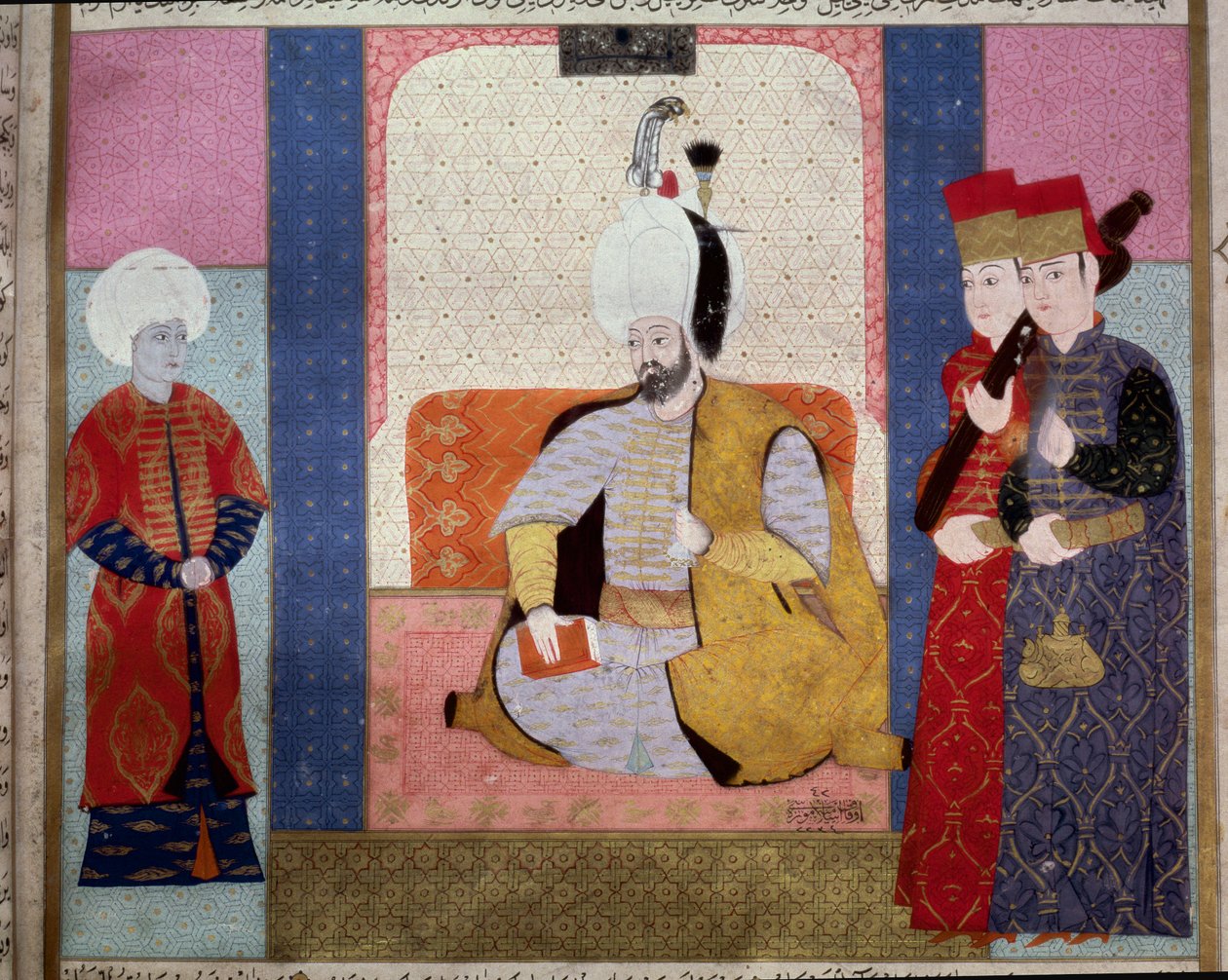 الإمبراطورية العثمانية: "" السلطان مراد الثالث (1546-1595) يحيط بالحاشية "" "منمنمة من" زبدة الطوارخ "(السيدة 1973 ، الصفحة 59 ب) لسيد لقمان أشوري 1583 اسطنبول ، متحف الفن التركي الإسلامي بواسطة المدرسة العثمانية