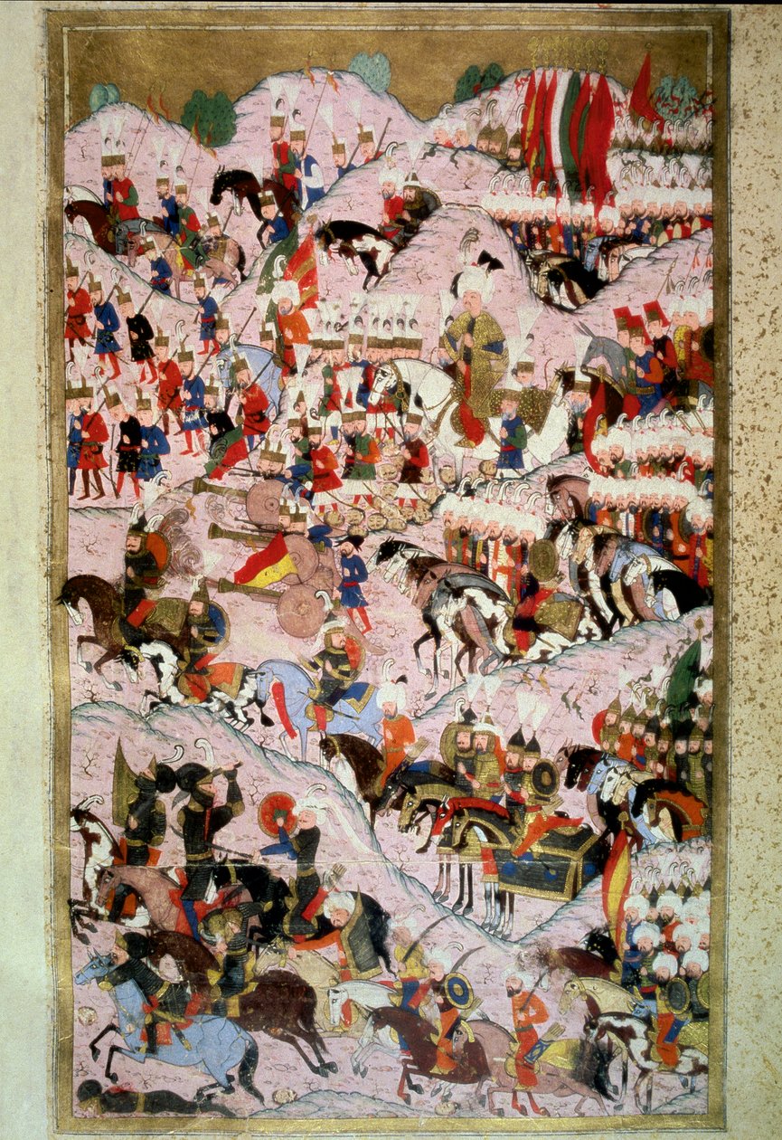 Ottoman Empire: “” Sultan Soliman (Suleyman) I said the magnificent at the Battle of Mohacs on 29/08/1526 against the army of the Kingdom of Hungary, commanded by King Louis II””” Miniature from “Hunername” by Lokman, vol. 1 (H 1523, f.256b) 1584 Topkapi S بواسطة المدرسة العثمانية
