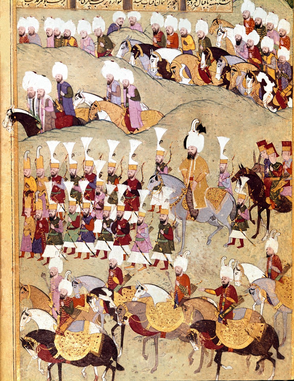 Ottoman Empire: “” representation of Ottoman Sultan Murad II (Murat) (1404-1451) and his Armee during the invasion of Persia””” Manuscript miniature ms. FY 1404 “” Sehinsahname”” (or Shahinshah-nameh or Shahinshah-nameh, Shahinshah nama, Shahinshah nameh)  بواسطة المدرسة العثمانية