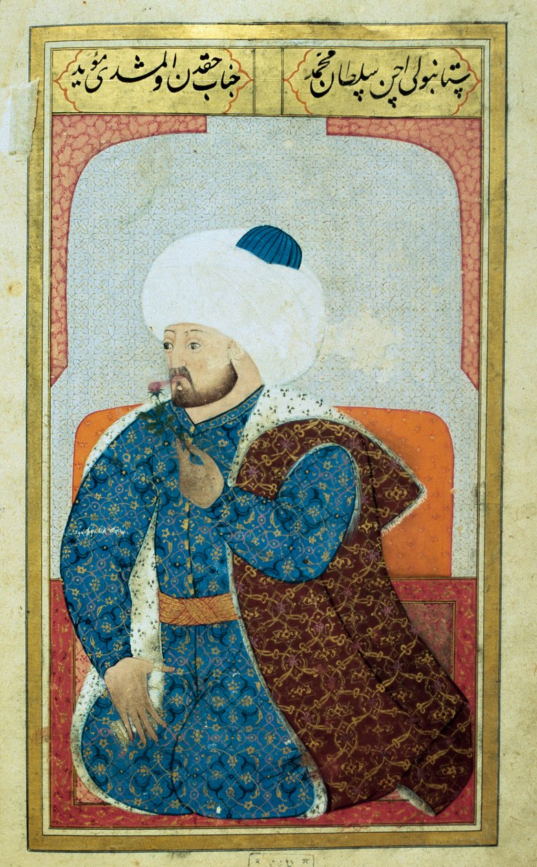 صورة لسلطان الدولة العثمانية محيت الثاني (محمد الثاني الفاتح أو محمد الثاني الفاتح) (1430-1481) صورة مصغرة من مخطوطة "" ملامح الإنسان (حول التصرفات الشخصية للعثمانيين) لسيد لقمان حسين. (السيدة ty6087 ورقة بواسطة المدرسة العثمانية