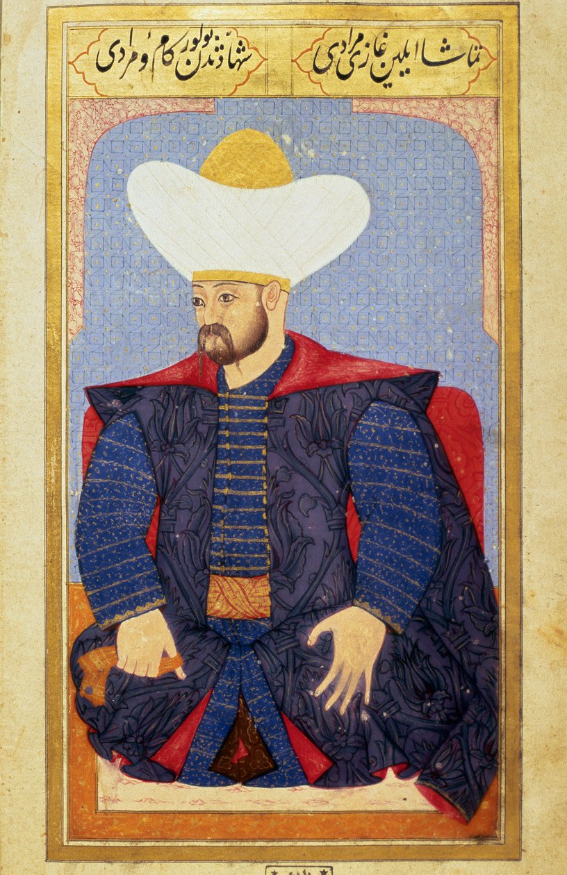 صورة لسلطان الدولة العثمانية مراد الأول (1326-1389) منمنمة من مخطوطة "" علم الفراسة البشري (حول الترتيبات الشخصية للعثمانيين) لسيد لقمان حسين. (السيدة ty6087 ، الورقة 27 ب) بواسطة المدرسة العثمانية