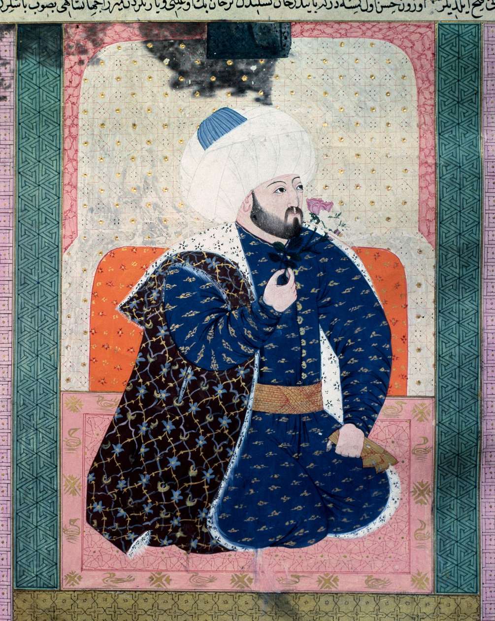 صورة لسلطان الدولة العثمانية محيت الثاني (محمد الثاني الفاتح أو محمد الثاني الفاتح) (1430-1481) صورة مصغرة من المخطوطة (السيدة 1973 ، الورقة 62 أ) "زبدة الطوارخ" (زبدة الطوارخ) ( Creme of Stories) للمؤرخ سيد لقمان أ بواسطة المدرسة العثمانية