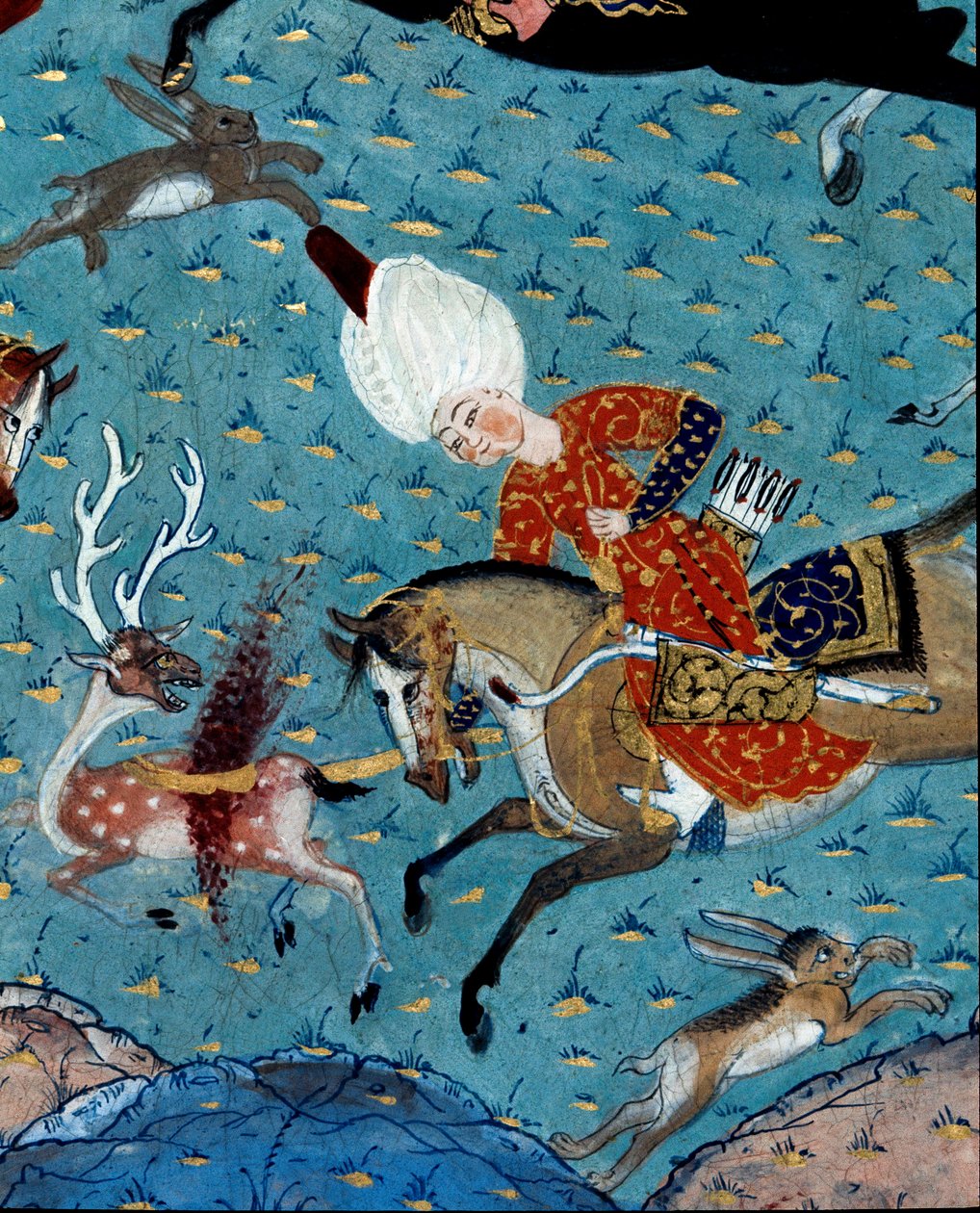 Representation of the courtiers of Sultan Murad II (Murat) (1404-1451) hunting deer and hare Detail. 17th century miniature. Istanbul, Topkapi Sarayi Museum Library بواسطة المدرسة العثمانية