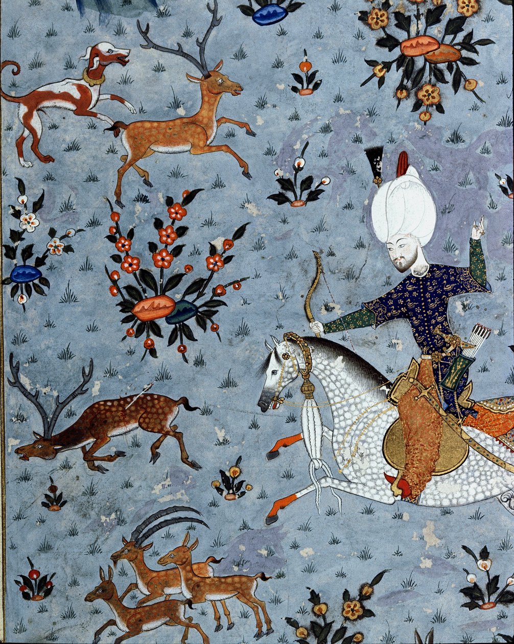 تمثيل رجال بلاط السلطان مراد الثاني (مراد) (1404-1451) صيد الغزلان التفاصيل. منمنمات القرن السابع عشر. اسطنبول ، مكتبة متحف توبكابي سراي بواسطة المدرسة العثمانية