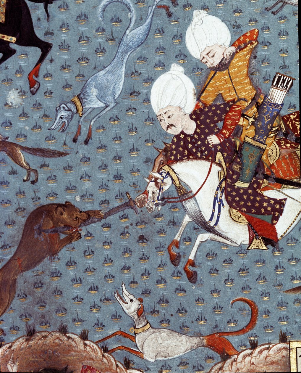 تمثيل لخدام السلطان مراد الثاني (مراد) (1404-1451) وهم يصطادون حاشية الفون. منمنمات القرن السابع عشر. اسطنبول ، مكتبة متحف توبكابي سراي بواسطة المدرسة العثمانية