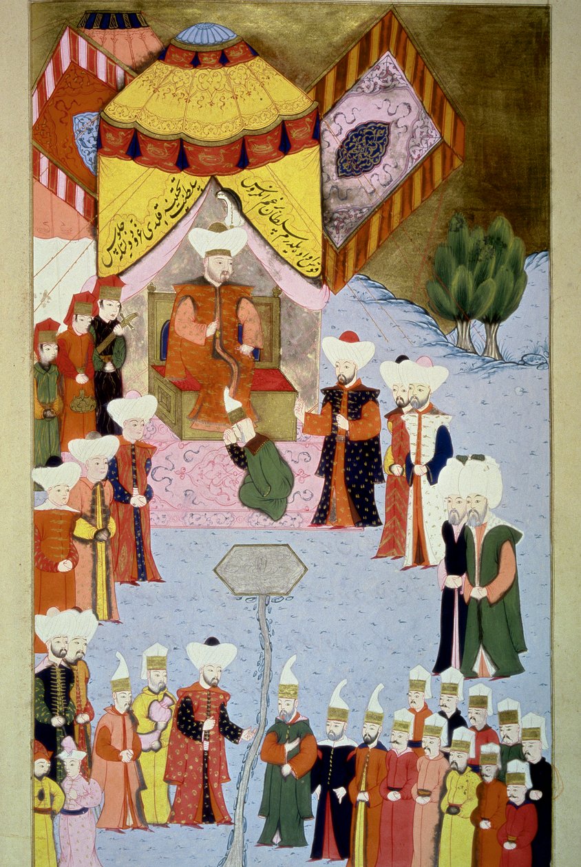 السلطان بايزيد (أو باجازيت) الأول (1360 - حوالي 1402) له محكمة مصغرة من "Hunername" من Lokman ، المجلد. 1 (H 1523، f.7) 1584 مكتبة متحف توبكابي سراي اسطنبول بواسطة المدرسة العثمانية