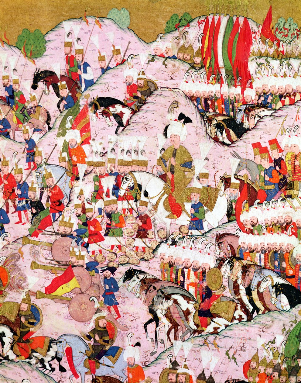 مخطوطة TSM H.1524 "اسم الجوني": سليمان القانوني (1494-1566) في معركة موهاكس عام 1526 ، من "كتاب التميز" للقمان بواسطة المدرسة العثمانية