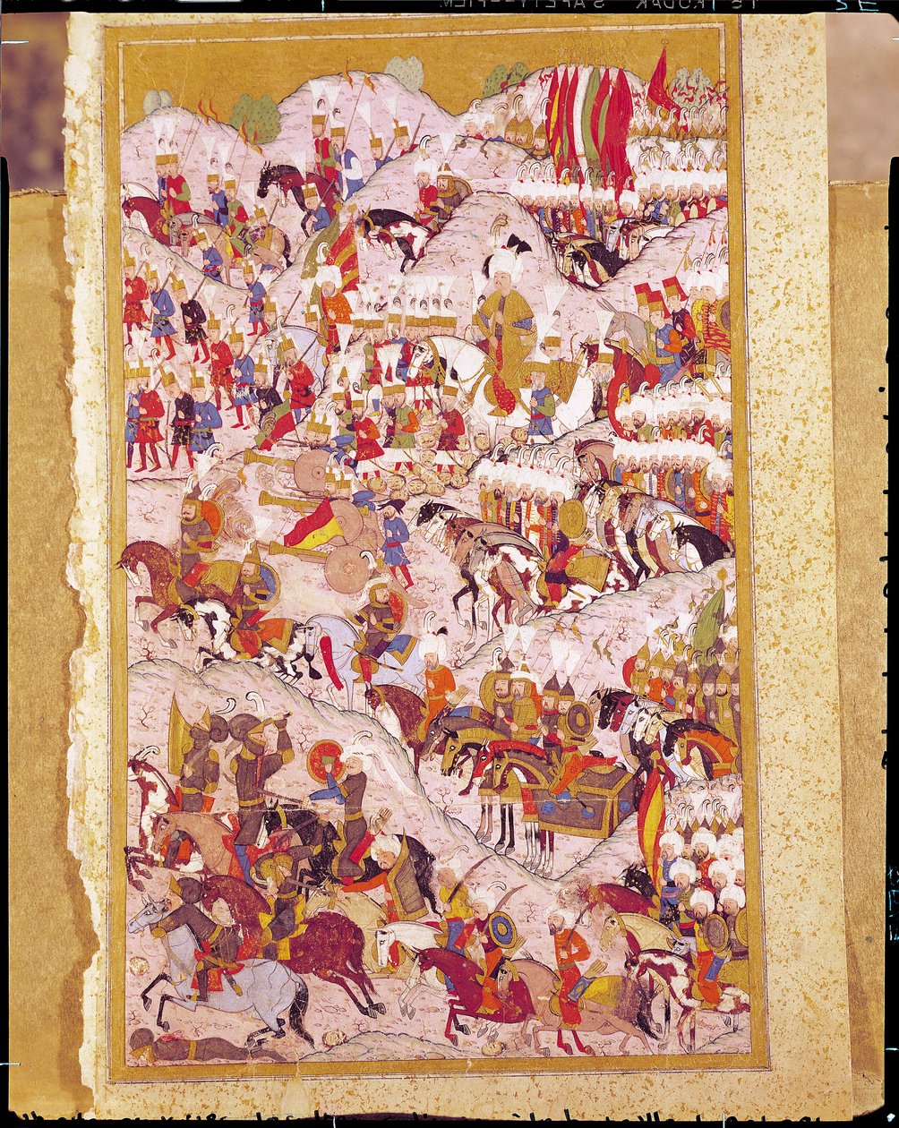 مخطوطة TSM H.1524 "اسم الجوني": سليمان القانوني (1494-1566) في معركة موهاكس عام 1526 ، من "كتاب التميز" للقمان بواسطة المدرسة العثمانية