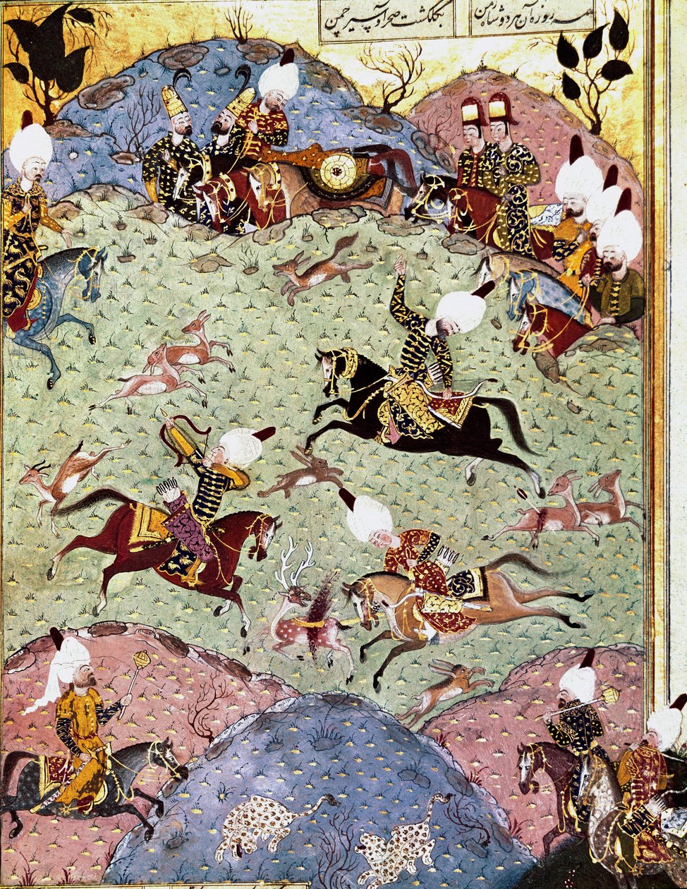 الإمبراطور العثماني سليمان (سليمان) الأول العظيم (1494-1566) يصطاد منمنمة من "سليمان نامه" للعريفي (م. هـ. 1517) 1558. توبكابي سراي اسطنبول بواسطة المدرسة العثمانية