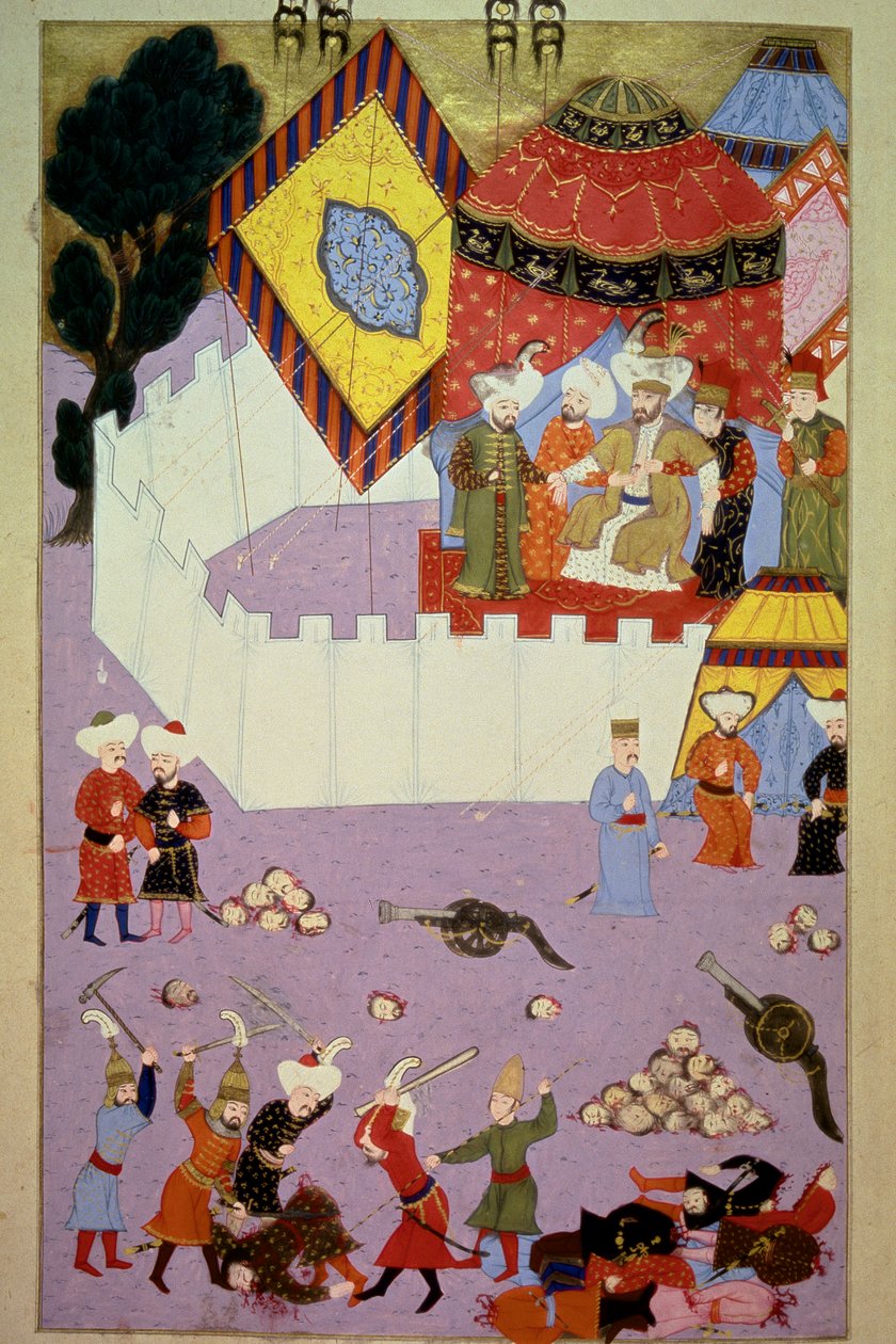 اغتيال السلطان مراد الأول (1326-1389) على يد الفارس الصربي ميلوس أوبيليتش (كوبيليتش أو كوبيلوفيتش) (توفي عام 1389) في معركة كوسوفو عقب انتصار العثمانيين على المنمنمات الصربية من كتاب لقمان "Hunername" ، المجلد. 1 (H 1523، f.7) 1584 إلى بواسطة المدرسة العثمانية