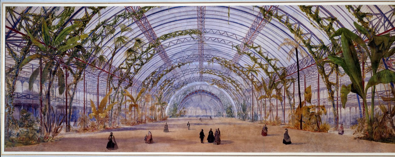 الهندسة المعمارية: مشروع من الداخل لقصر من الكريستال سيتم بناؤه في Saint Cloud بالقرب من باريس. ألوان مائية على قلم رصاص ، أقلام ملونة بواسطة أوين جونز (1809-1874) 1862 خافت. ٠.٤٥ × ١.٢٠ م باريس ، متحف أورسيه بواسطة أوين جونز