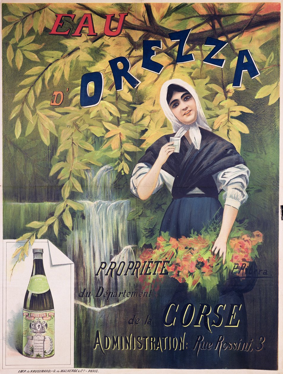 إعلان ملصق Eau dOrezza ، لون المياه المعدنية الطبيعية ليثو بواسطة P. ريبيرا