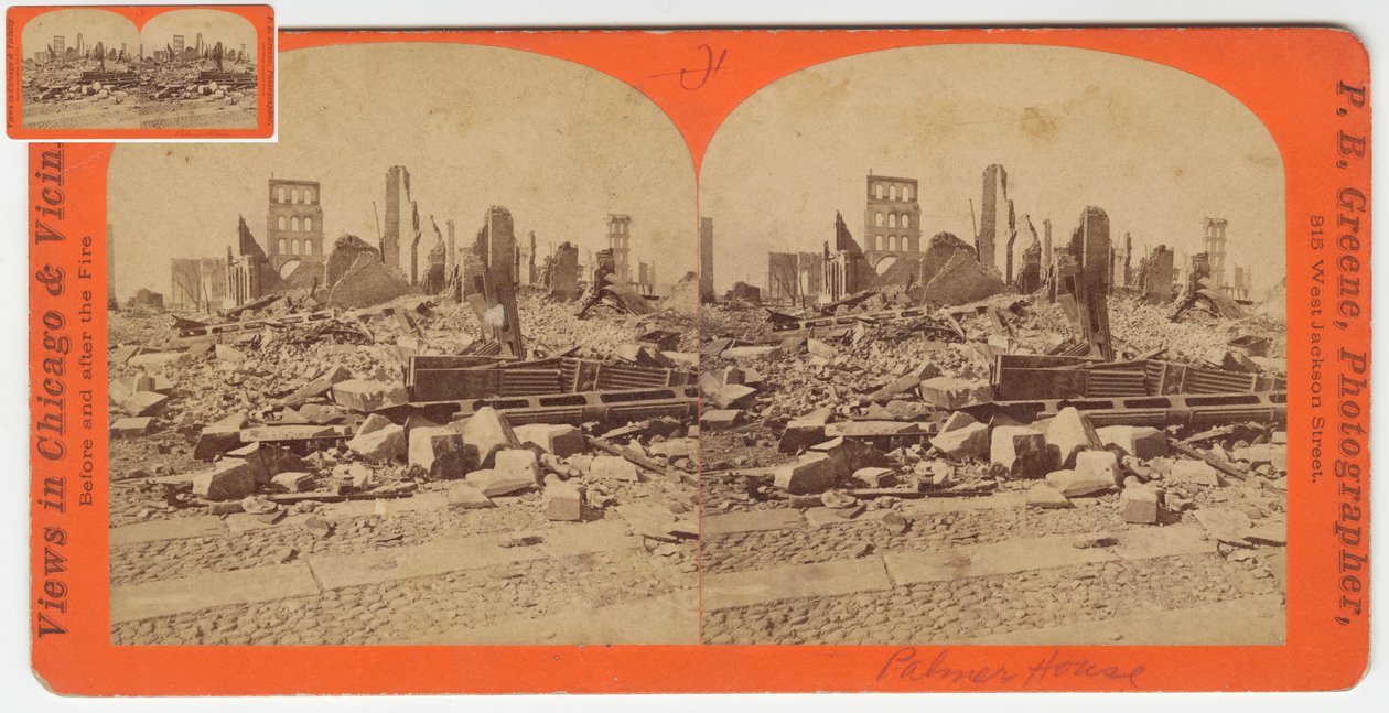 صورة مجسمة لبيت بالمر بعد حريق شيكاغو عام 1871 ، 1871 (صورة وزن الجسم على حامل البطاقة) بواسطة بي بي جرين