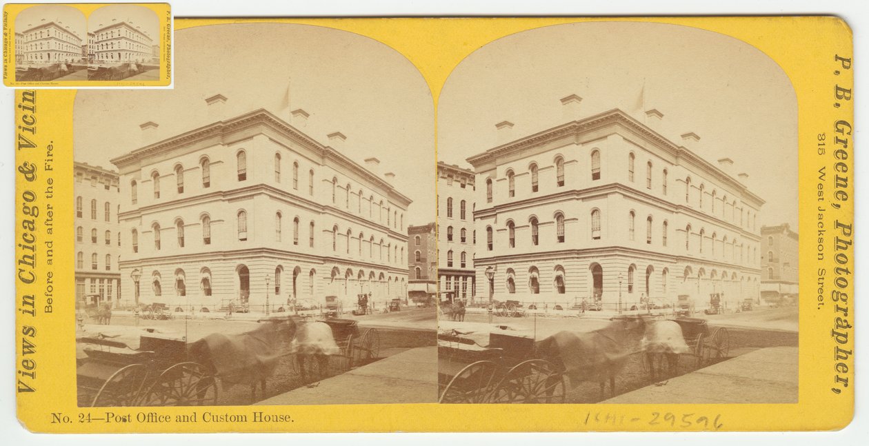صورة مجسمة لمكتب البريد و Custom House قبل حريق شيكاغو عام 1871 ، 1871 (صورة وزن الجسم على حامل البطاقة) بواسطة بي بي جرين