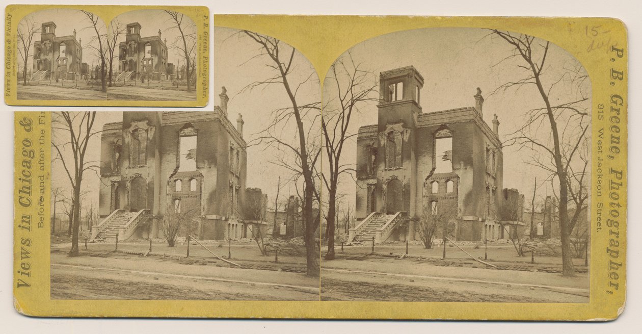 صورة مجسمة لرومسي هاوس بعد حريق شيكاغو عام 1871 ، 1871 (صورة وزن الجسم على حامل البطاقة) بواسطة بي بي جرين