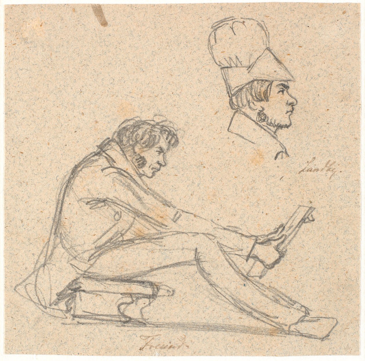 سعادة فرويند جالسًا على كرسي ينظر إلى الرسم. فوق صورة الملف الشخصي لـ J. Th. لوندباي. بواسطة PC Skovgaard