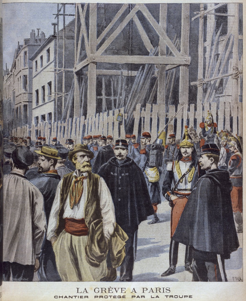 إضراب في باريس ، موقع بناء محمي من قبل الجيش ، رسم توضيحي من ملحق Le Petit Journal &39;اللامع ، 23 أكتوبر 1898 ، منقوش بواسطة هنري ماير (1844-91) بواسطة PHGV ميشيل