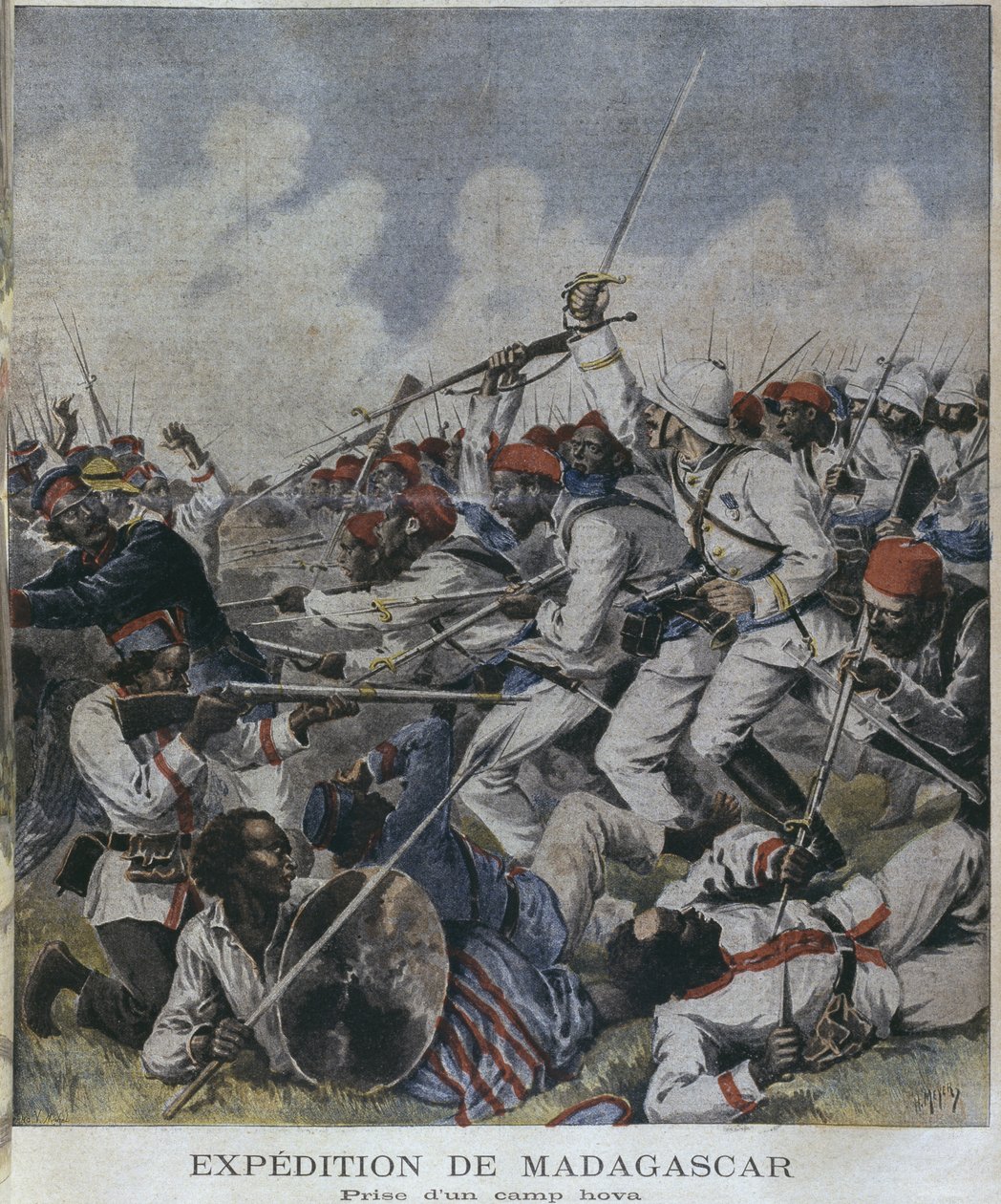 رحلة مدغشقر ، أخذ معسكر هوفا ، رسم توضيحي من `` Le Petit Journal &39;&39; ، ملحق إيلوستري ، 2 يونيو 1895 ، محفور بواسطة هنري ماير (1844-91) بواسطة PHGV ميشيل
