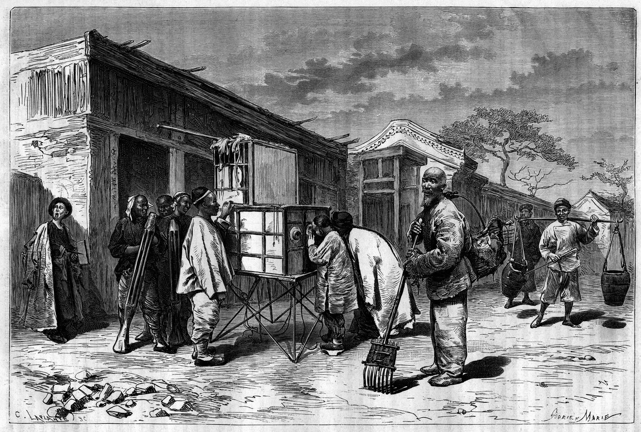 نشاط في شوارع بيكين (بكين) ، مع ديوراما من القرن التاسع عشر. نقش من رسم لسيلير ، من صورة طومسون ، في "Le Tour du Monde ، Nouveau journal des Voyages" ، تحرير إدوارد شارتون ، باريس بواسطة P. (بعد) Sellier