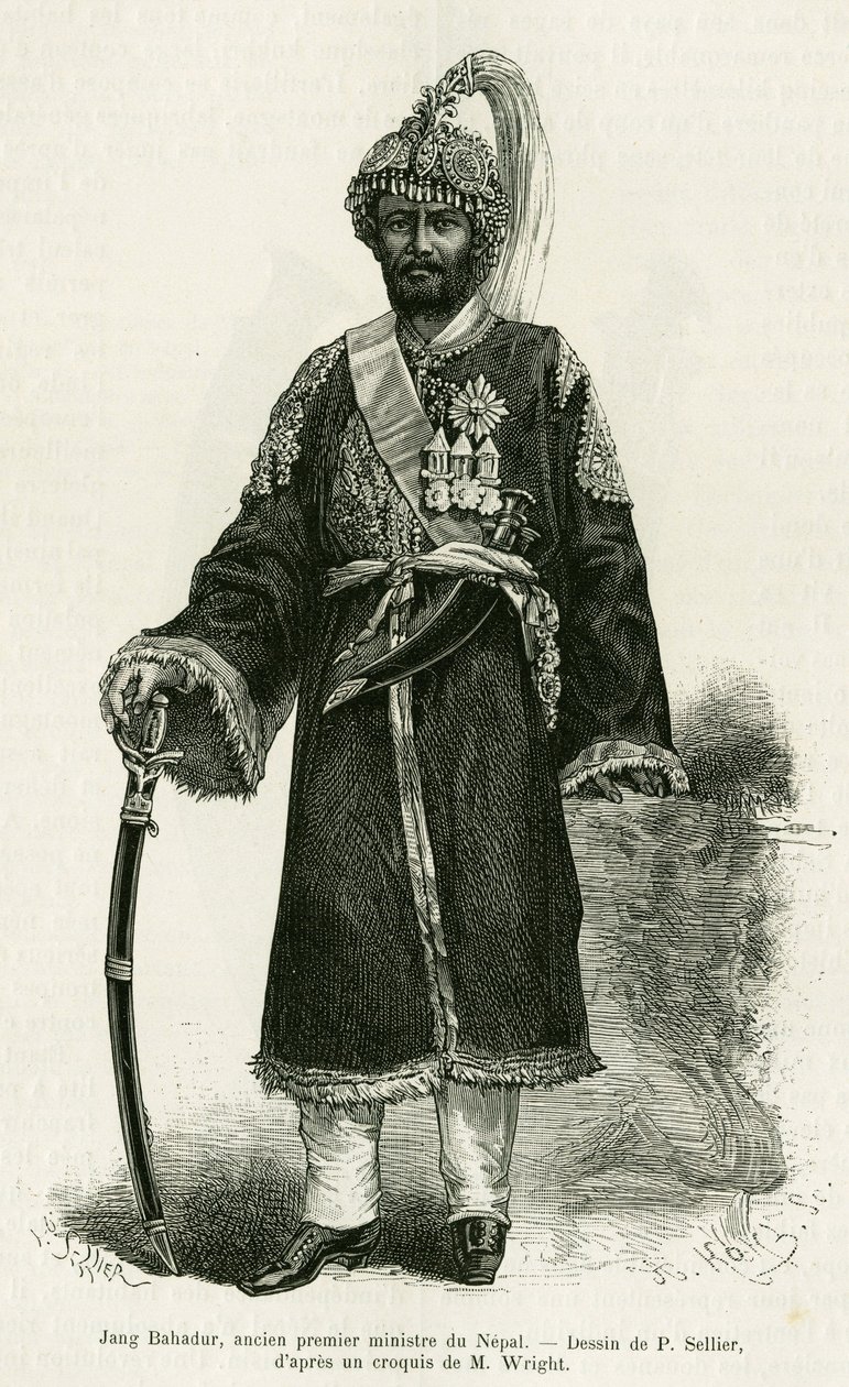 جانغ بهادور (1816-1877) ، رئيس وزراء نيبال. نقش بقلم P. Sellier لتوضيح قصة Voyage au Nepal للدكتور Gustave Le Bon (1841-1931) ، في le tour du monde 1886 ، من إخراج إدوارد شارتون (1807-1890) ، هاشيت ، باريس. بواسطة P. (بعد) Sellier