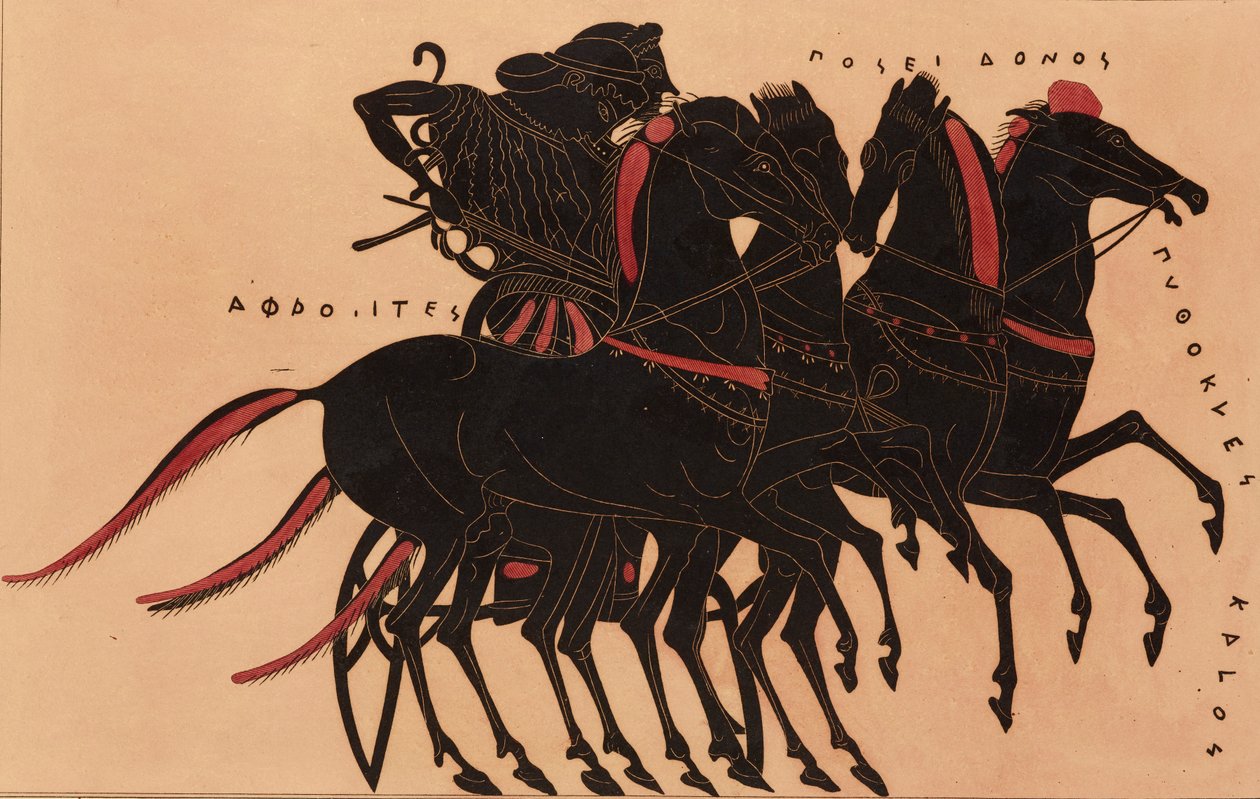 طباعة الزخرفة على أمفورا يونانية ، تُظهر أفروديت يقود بوسيدون في عربة ، c1858. بواسطة ف بينيتو