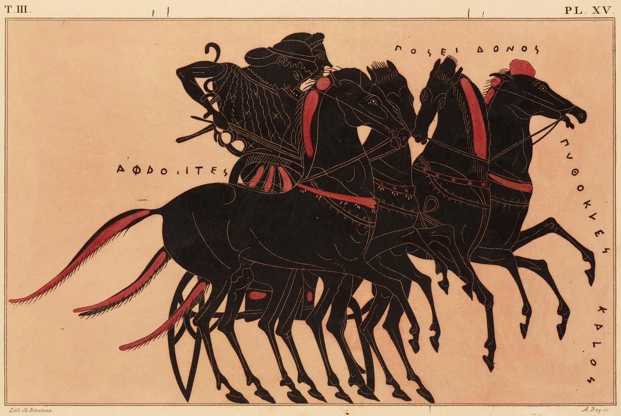 طباعة الزخرفة على أمفورا يونانية ، تظهر أفروديت يقود بوسيدون في عربة ، ج. 1858 (ألوان مائية ولون جسم على ورق ليثو على ورق منسوج) بواسطة P. Bineteau