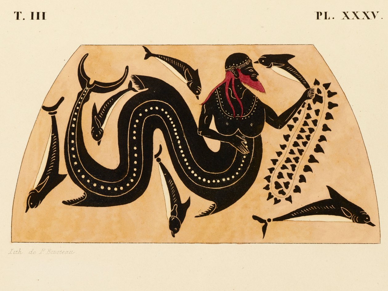 طباعة الزخرفة على أمفورا يونانية ، تظهر بوسيدون برفقة الدلافين ، ج. 1858 (ألوان مائية ولون جسم على ورق ليثو على ورق منسوج) بواسطة P. Bineteau