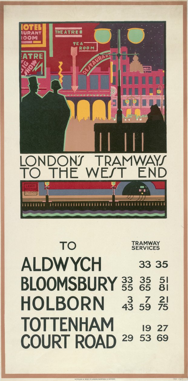 "London's Tramways to the West End" ، ملصق مجلس مقاطعة لندن LCC Tramways ، 1927 بواسطة بي اروين براون