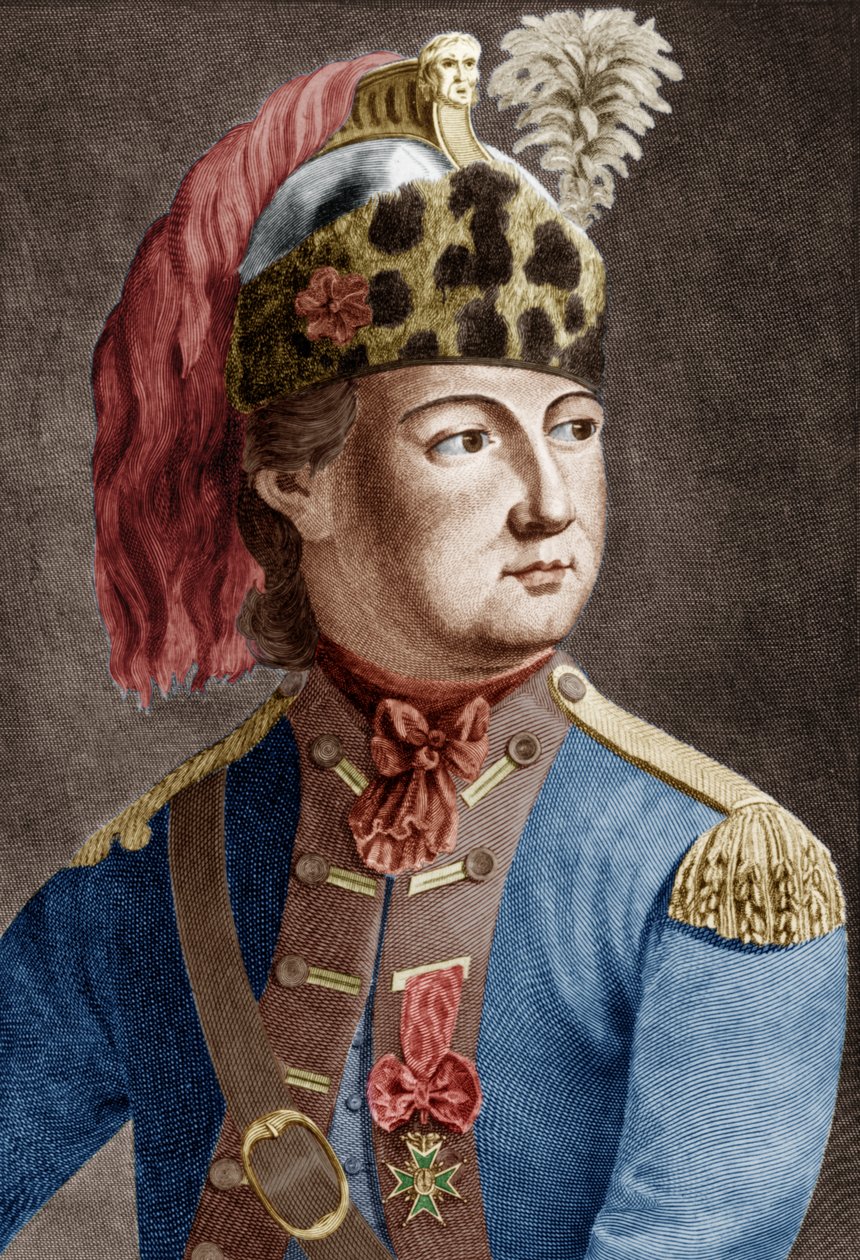 Knight of Eon (1728-1810), French secret agent for the king, he used to cross-dress, engraving colourized document بواسطة الأب جان بابتيست براديل