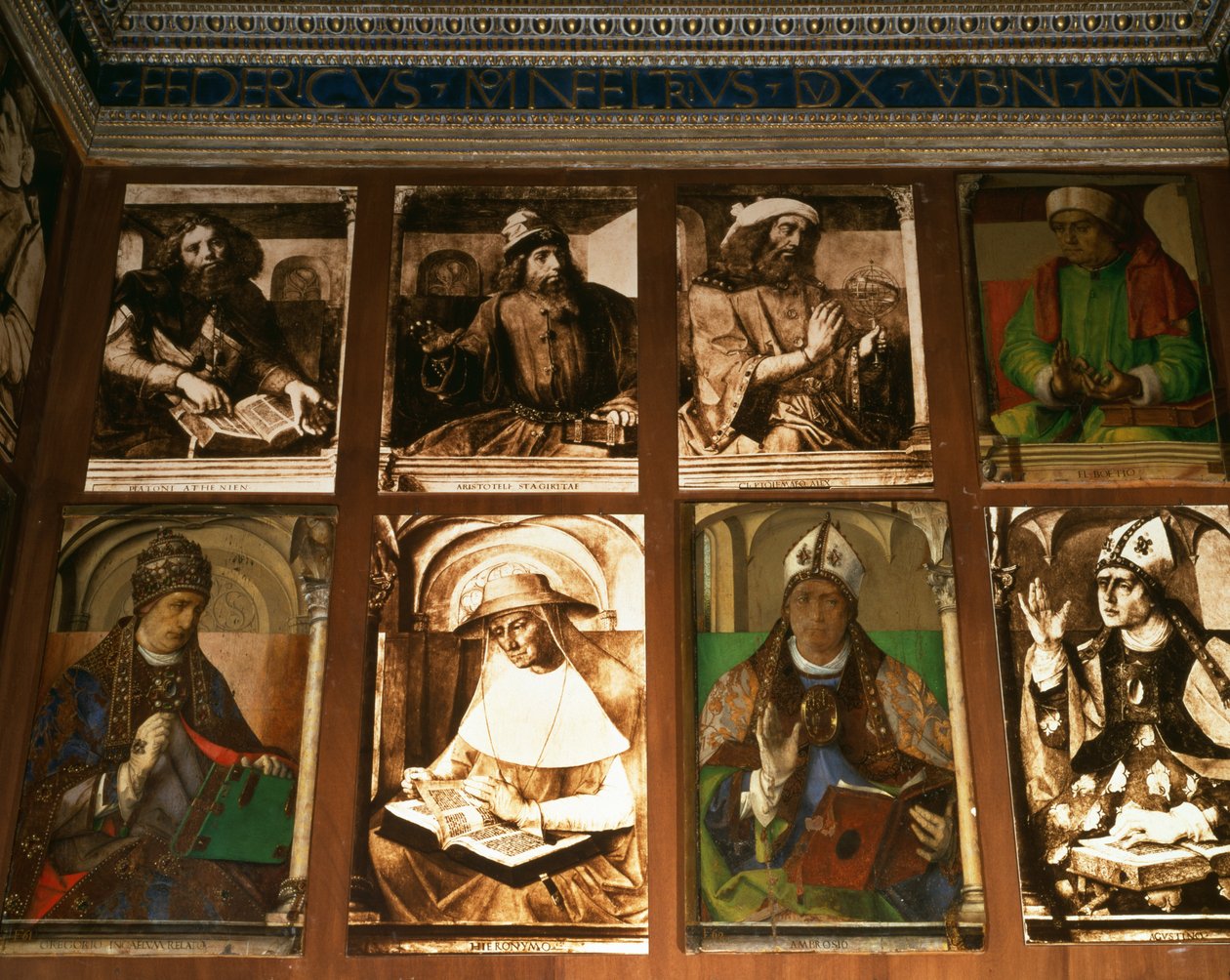 دراسة Federigo da Montefeltro ، دوق أوربينو ، باتجاه عقارب الساعة من TL: فلاسفة يونانيون أفلاطون (c.427-347 قبل الميلاد) وأرسطو (384-322 قبل الميلاد) ؛ بطليموس ، عالم الفلك (c.90-168) ؛ Boethius الفيلسوف (c.48 بواسطة P. Joos van Gent و Berruguete