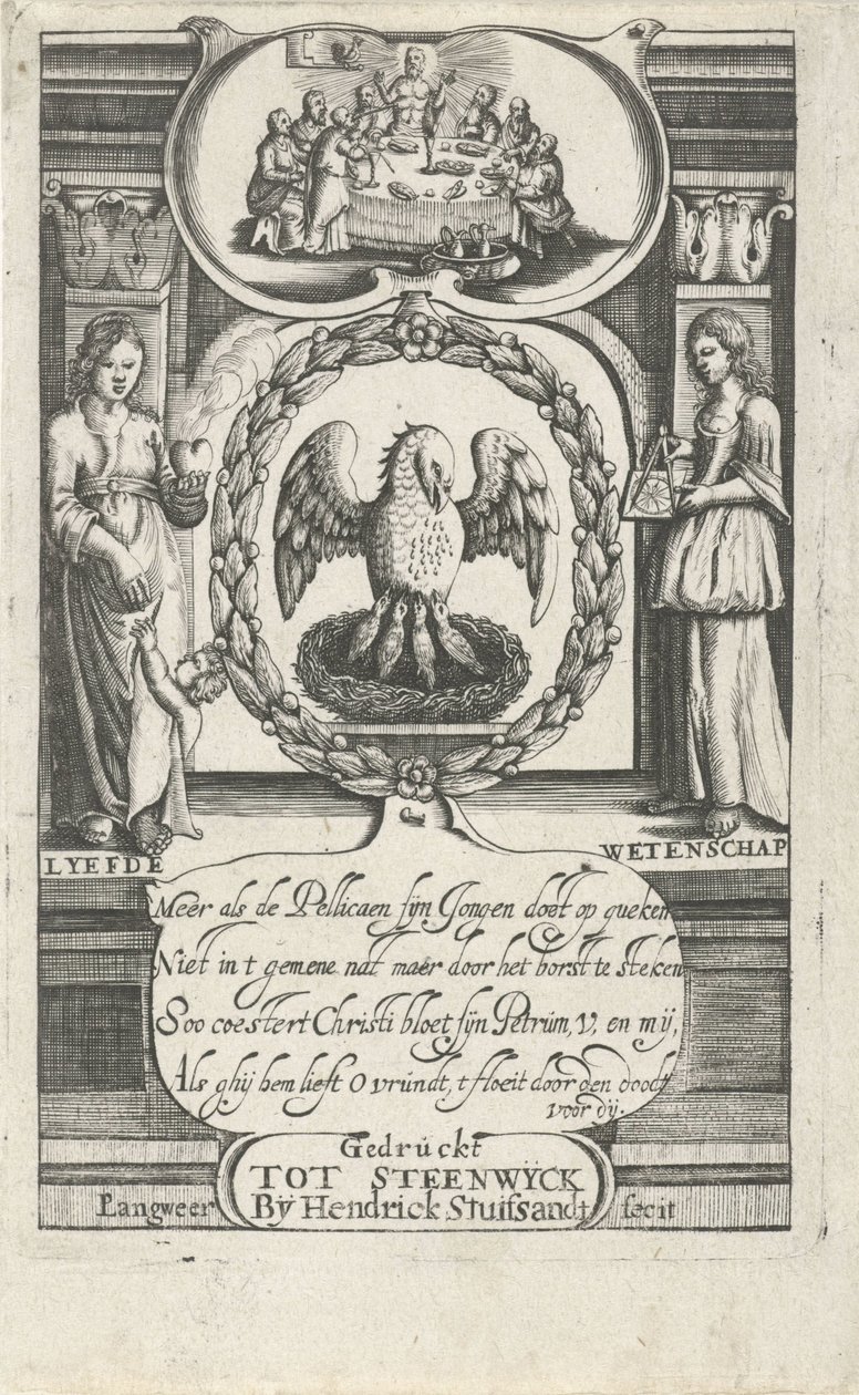 البجع يغذي صغارها بدمها صفحة العنوان لـ: D. van Baardt، Tapytje der Geestelijcke ende wereldtlijcke lordship، 1661 بواسطة ف لانجوير