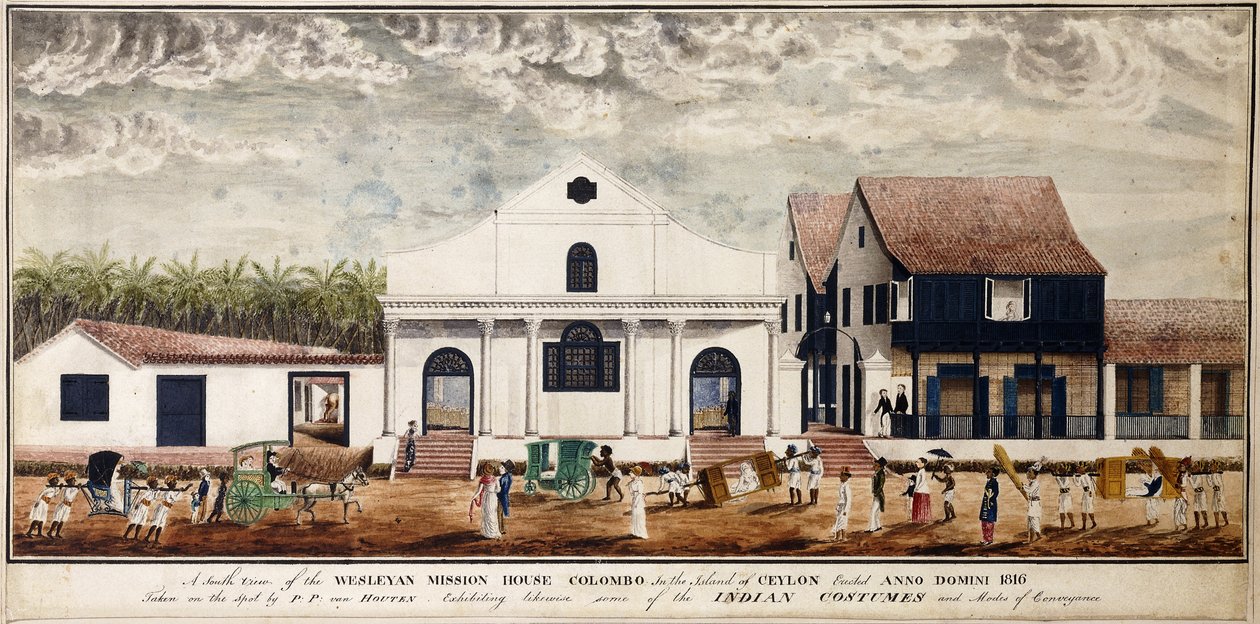 منظر جنوبي لمنزل Wesleyan Mission ، كولومبو على جزيرة سيلان ، أقيمت Anno Domini 1816 ، حوالي 1816 (ألوان مائية) بواسطة P. فان هوتين