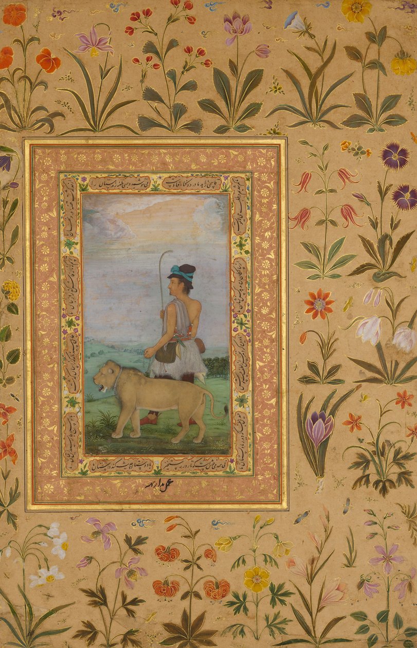 درويش مع أسد ، فوليو من ألبوم شاه جهان ، ظهر: كاليفورنيا. 1630 ، وجه: ca. 1500. بواسطة باداراث