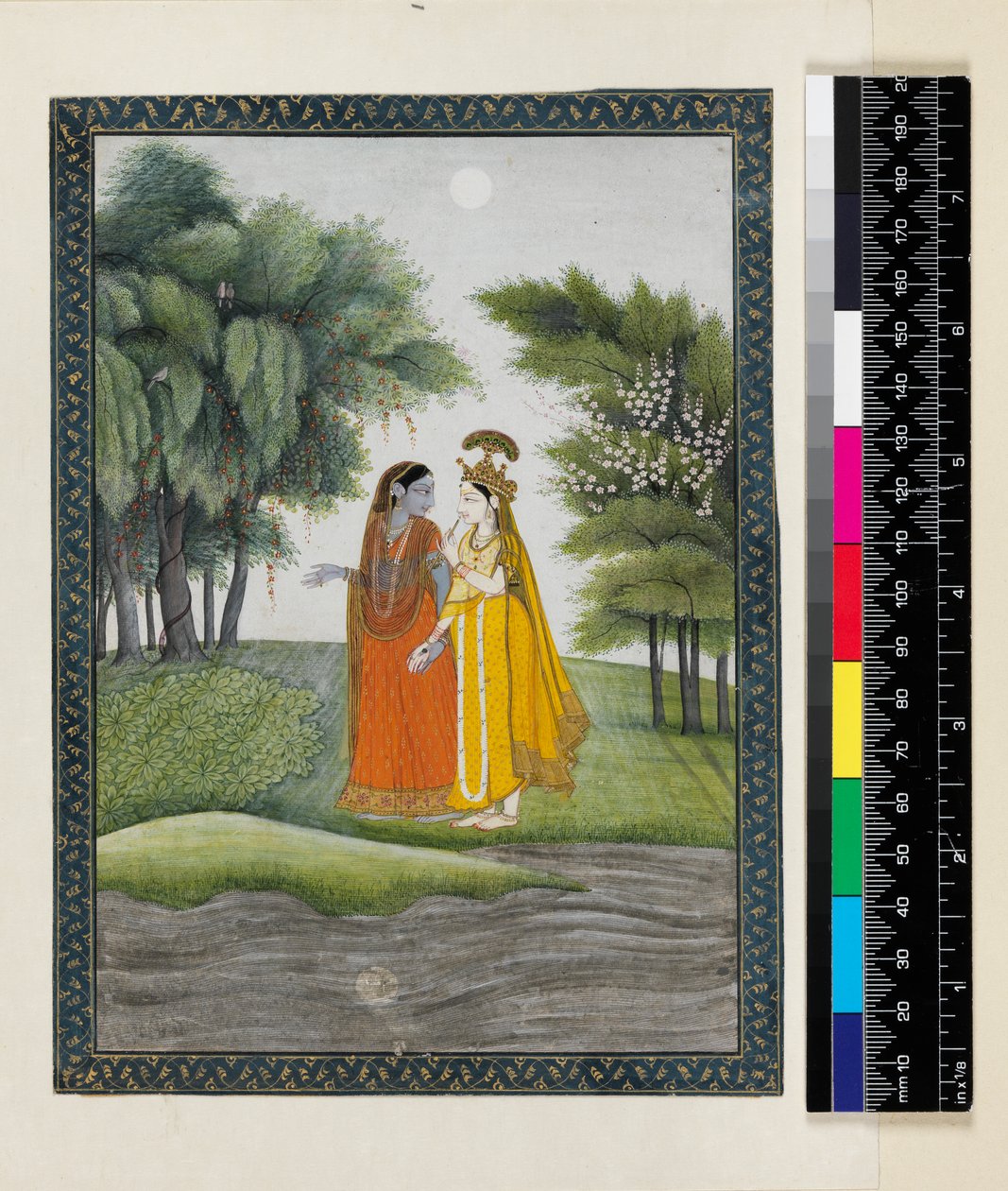 كريشنا ورادها يسيران بجانب جومنا في ضوء القمر بعد تبادل الملابس ، من `` Bhagavata purana &39;&39; ، Kangra ، هيماشال براديش ، c.1820 بواسطة مدرسة باهاري