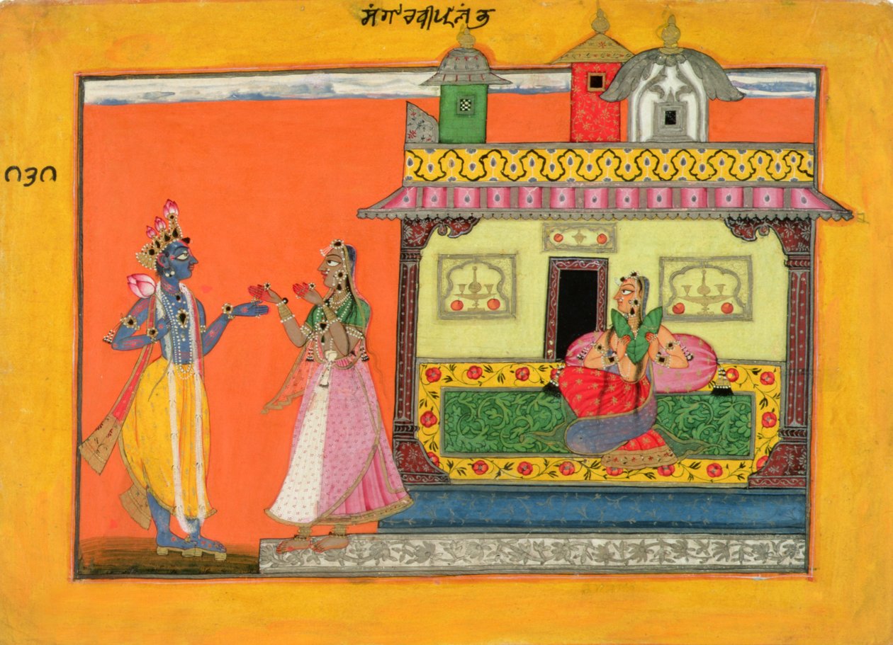 وصول كريشنا إلى منزل راداس ، رسم توضيحي من مخطوطة Rasamanjari من Bhanudatta ، على طراز الباشولي ، c.1660-70 بواسطة مدرسة باهاري