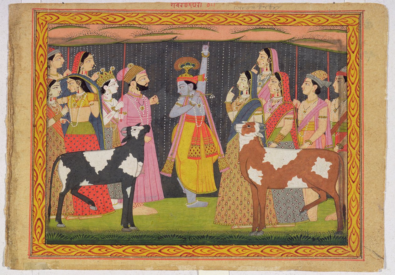 Krishna رفع جبل Govardhana ، من Bhagavata purana ، Kulu ، هيماشال براديش ، 1749 بواسطة مدرسة باهاري