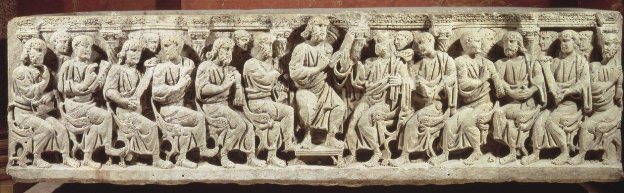 المسيح يجلس ويعلّم محاطًا بالرسل ، تابوت مسيحي من الرخام ، تم الحصول عليه من كنيسة Rignieux-le-Franc ، نهاية القرن الرابع الميلادي بواسطة باليو كريستيان