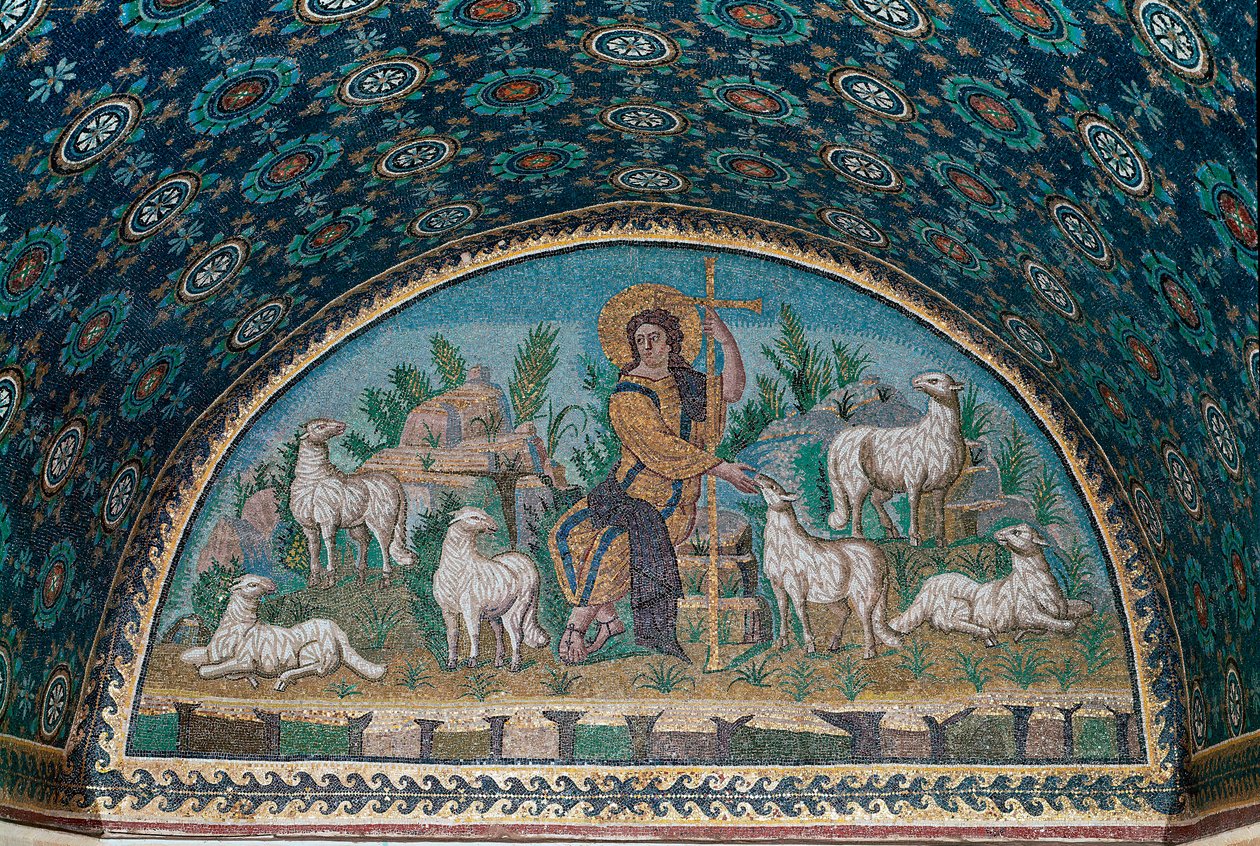 قس جيد. فسيفساء من الإطار فوق باب مدخل Mausolee of Galla Placidia ، حوالي 425 (فسيفساء) بواسطة باليو كريستيان