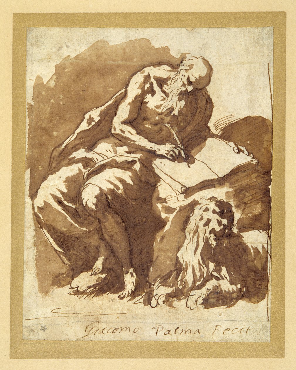 St. Jerome seated on a rock, writing (pen & ink with wash on paper) بواسطة بالما إل جيوفان