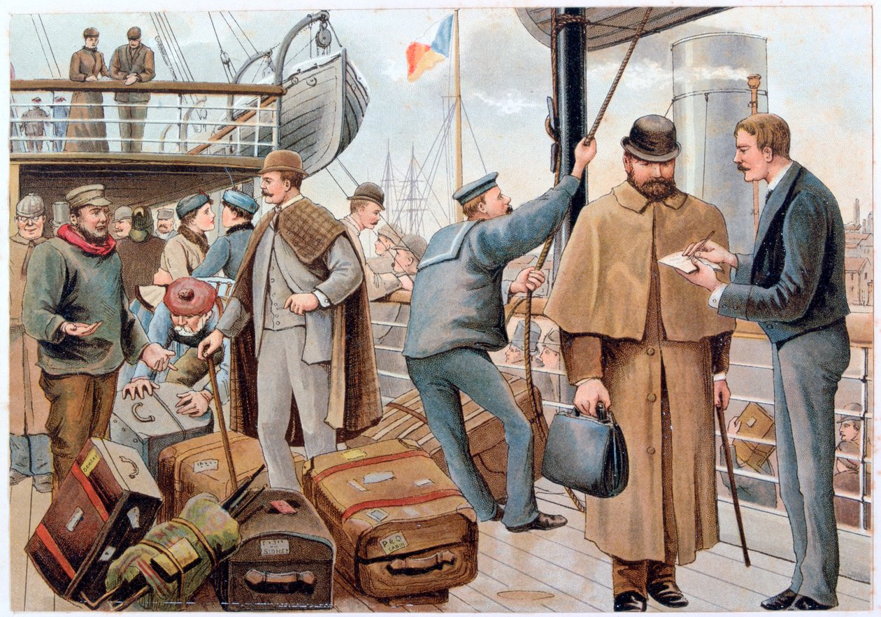 ركاب ينضمون إلى سفينة P&O في نهر التايمز ، عام 1890. بواسطة أقلام PandO