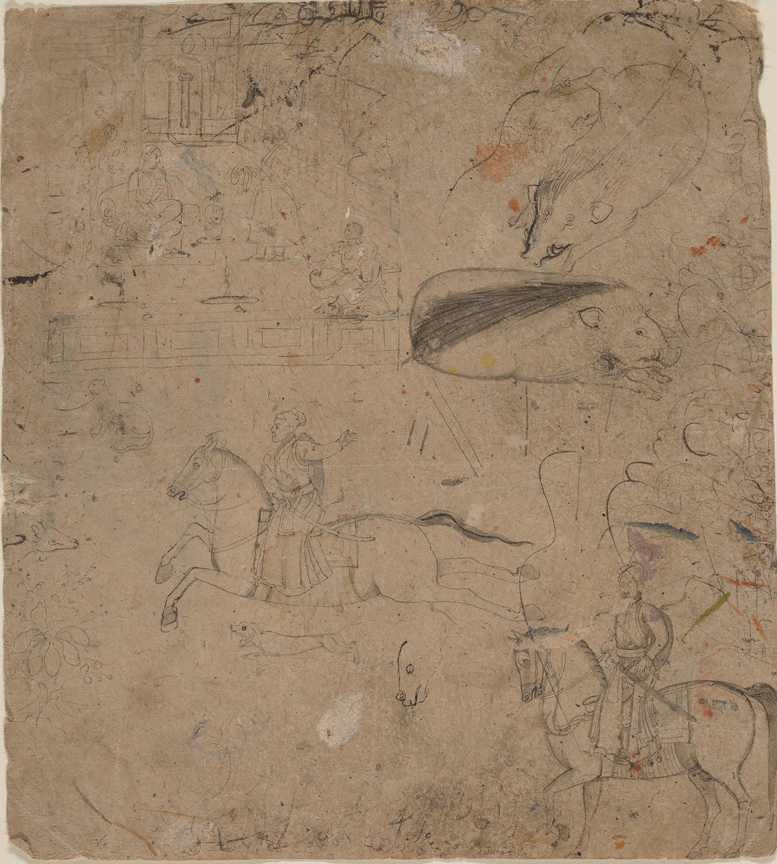 صفحة من كراسة رسم توضح الحكام على ظهور الخيل والخنازير ومشهد قصر ، أواخر القرن الثامن عشر بواسطة بانديت سيو